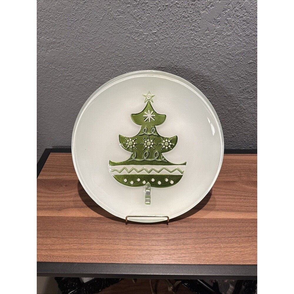 Lori Siebert Silvestri Hand Blown Glass Fusion Green Christmas Tree Plate 12"